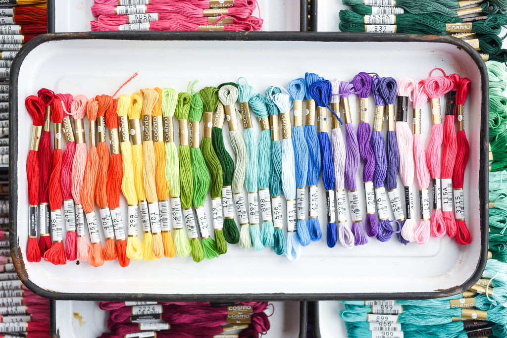 Rainbow of Lecien Cosmo Embroidery Floss on an enamel tray