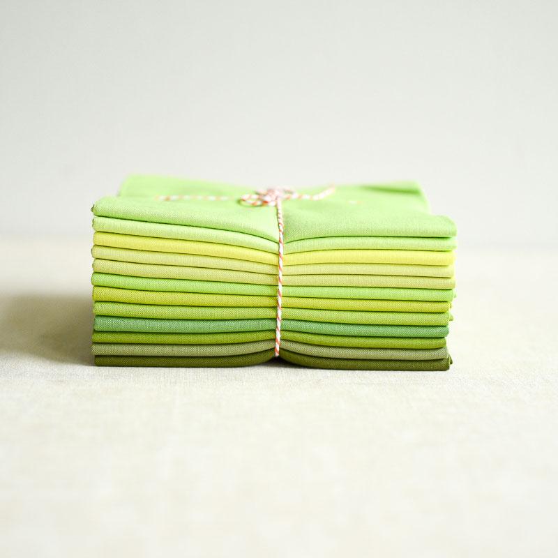 the workroom : Kona Solids Bundle : 365 Row 9 : Sprout to Avocado : 12 fat quarters - the workroom