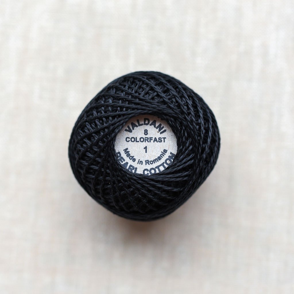 Valdani Pearl : 1 - Black : Solid Cotton Thread : 8wt : 67m - the workroom